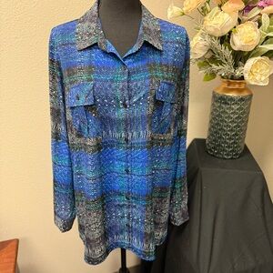 Slim Factor by Investments Blue Plaid Button-Up Blouse - Size L
